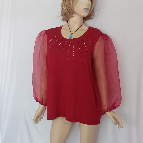 NWT 89th & Madison Red Knit Sweater with Puffy Sheer Sleeves & Stud Detail Sz 2X - Picture 2 of 8